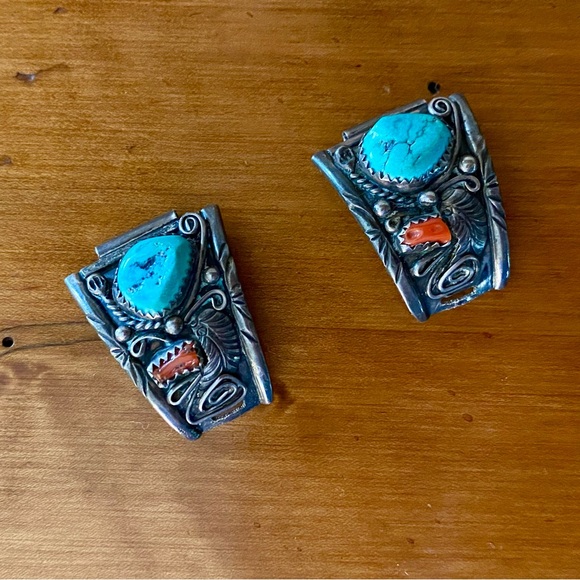 Native Jewelry - Vintage Navajo Sterling Silver, Turquoise, Coral Watch Tips